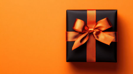 A sleek black gift box adorned with a vibrant orange ribbon sits on a bold orange background, perfect for celebrations, holidays, or special occasions.の素材