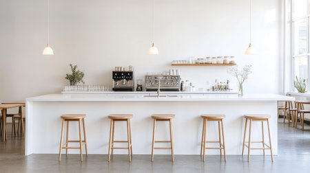 A serene and modern coffee shop interior featuring minimalist design elements. The bright space offers a clean atmosphere with wooden stools and tasteful decor.の素材