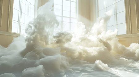 A serene indoor scene depicting ethereal clouds filling a bright room with sunlight streaming through large windows, creating a peaceful and dreamy atmosphere.の素材