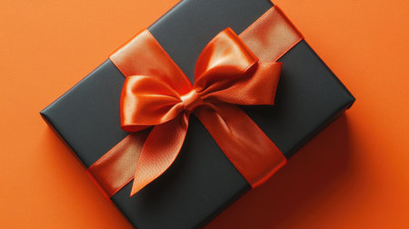 A stunning black gift box adorned with a bright orange ribbon, set against a vibrant orange background, perfect for festive occasions and celebrations.の素材