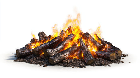 A vibrant campfire with burning flames and rustic logs, perfect for outdoor gatherings, camping trips, and creating warm atmospheres in nature.の素材