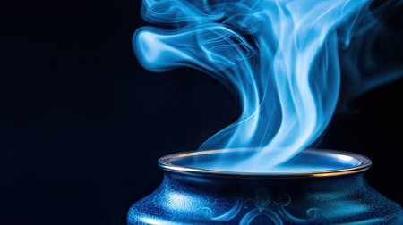 A captivating image of blue smoke elegantly rising from a decorative pot, evoking a sense of tranquility and mystique in a dark background. Perfect for artistry themes.の素材