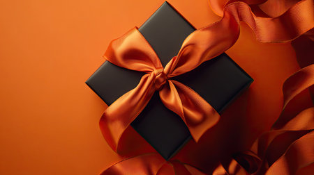 A beautifully wrapped gift box with a vibrant orange ribbon rests on a matching background, perfect for celebrating special moments and sharing joy.の素材