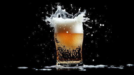 A stunning image of beer splashing in a glass, showcasing vibrant bubbles and foam. Ideal for beverage promotions, parties, and celebration themes.の素材