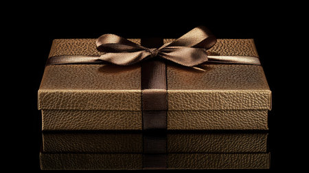 This elegant gold gift box features a rich brown ribbon and glossy finish, perfect for celebrations and special occasions. Its luxurious design enhances any gift presentation.の素材