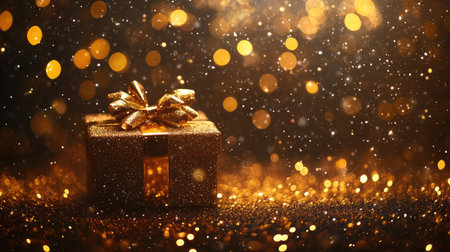 A beautifully wrapped gift box with a shimmering gold ribbon against a backdrop of sparkling golden bokeh lights, perfect for festive occasions and celebrations.の素材