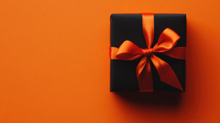 A stylish black gift box adorned with a vibrant orange ribbon sits elegantly against a matching orange background, perfect for celebrations and gifting.の素材