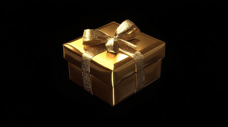 A beautifully wrapped gold gift box adorned with a shiny bow, set against a black background. Perfect for celebrations, holidays, and special occasions.の素材