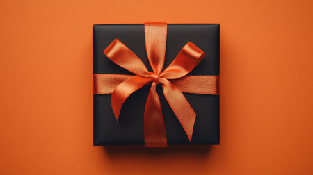 A stylish black gift box adorned with a vibrant orange ribbon sits on a bold orange background, perfect for capturing festive moments and celebrations.の素材