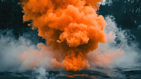 A striking orange smoke cloud billows against a dark backdrop, creating a dramatic and vibrant visual effect. Ideal for artistic and environmental themes.の素材