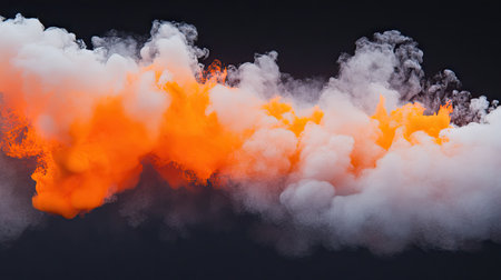Stunning abstract image of a vibrant orange and white smoke effect against a dark background. Perfect for artistic and dramatic visuals.の素材