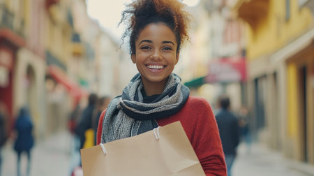 A cheerful woman holds a shopping bag in a lively urban setting, radiating happiness and fashion in a vibrant city atmosphere, perfect for lifestyle themes.の素材