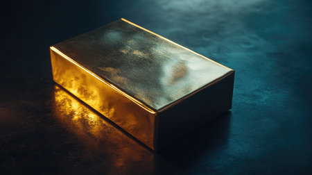 A shiny gold bar rests on a dark surface, showcasing its elegant reflective texture and rich colors. Ideal for themes of wealth and luxury.の素材