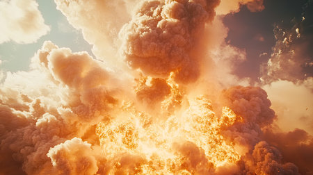 A dramatic and powerful explosion captured in the sky, showcasing a blend of fiery colors and billowing smoke. This image conveys energy and intensity.の素材