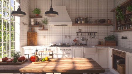 A bright and cozy modern kitchen featuring wooden furniture, plants, and ample sunlight, perfect for cooking and gathering in a warm atmosphere.の素材