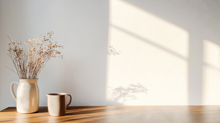 A serene tabletop scene featuring dried flowers in a vase and a cup, softly illuminated by morning sunlight, creating a peaceful atmosphere.の素材