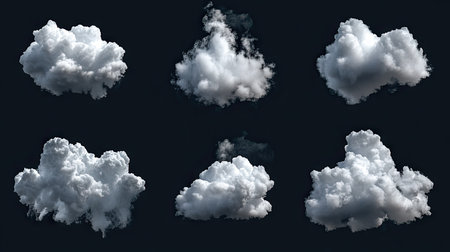 A collection of six soft clouds against a dark background, showcasing various shapes and textures, perfect for nature and weather themes in design projects.の素材