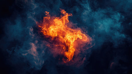 A stunning visual of a vibrant flame surrounded by rich blue smoke, capturing the essence of energy and movement in an abstract composition.の素材