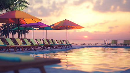 A serene pool scene with colorful umbrellas and lounge chairs at sunset, creating a vibrant and relaxing atmosphere ideal for vacations and leisure.の素材