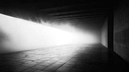 This striking black-and-white image depicts a foggy passage illuminated by a bright light, creating a mysterious and serene atmosphere perfect for evoking emotion.の素材