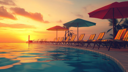 Enjoy a tranquil sunset by the poolside with colorful loungers and umbrellas. This idyllic scene offers a perfect escape for relaxation and leisure.の素材