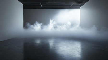 Mist envelops a modern art gallery, creating an ethereal atmosphere. Soft light filters through the haze, enhancing the minimalistic beauty of the space.の素材