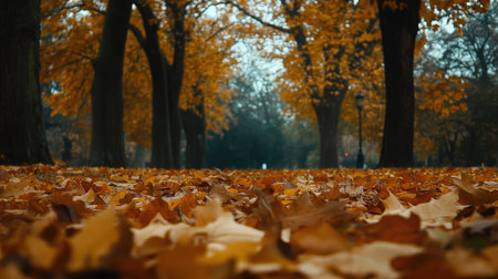 A serene autumn pathway covered with golden leaves under vibrant trees. The scene captures the beauty of nature in fall, evoking tranquility and warmth.の素材