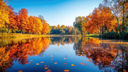 Experience the beauty of autumn with this serene lake scene. Vibrant foliage reflects on calm water, creating a picturesque landscape perfect for nature lovers.の素材