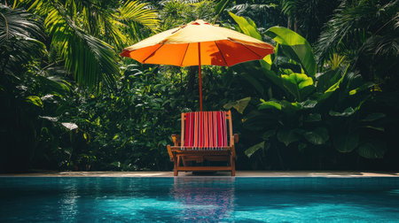 A serene poolside scene featuring a bright orange umbrella and a striped chair surrounded by lush greenery, perfect for relaxation and leisure.の素材