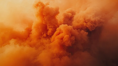 Captivating orange smoke cloud swirls against a dark background, evoking a sense of drama and mystery in this atmospheric abstract image.の素材