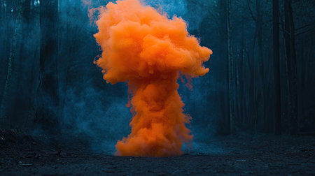 Captivating image of vibrant orange smoke billowing in a dark forest, creating a surreal and mysterious atmosphere perfect for artistic projects.の素材