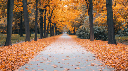 A beautiful autumn pathway lined with golden-orange trees and fallen leaves, creating a serene and inviting atmosphere for peaceful walks in nature.の素材