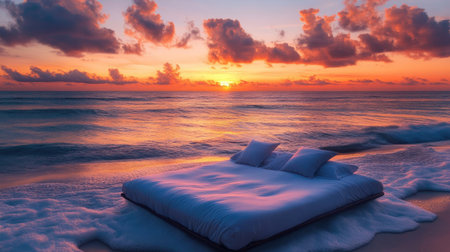 A tranquil scene featuring a plush bed on a beach at sunset. The colorful sky reflects on the calm water, creating a perfect atmosphere for relaxation and escape.の素材