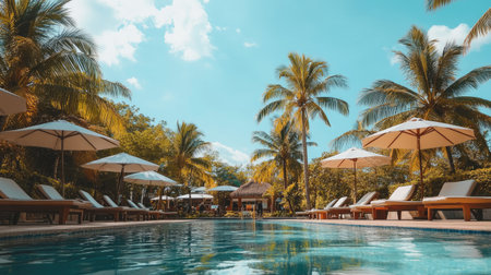 A stunning tropical oasis featuring a crystal blue pool surrounded by palm trees and lounge chairs, ideal for relaxation and summer vacations.の素材