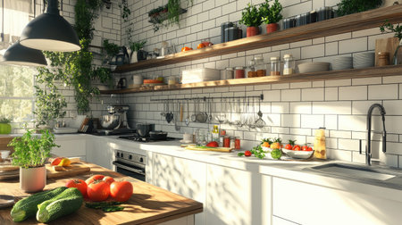 A bright and modern kitchen filled with fresh produce and herbs, featuring sleek countertops and stylish decor, perfect for culinary enthusiasts and design lovers.の素材