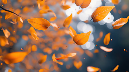 Captivating autumn leaves in vibrant orange hues fall softly against a dreamy bokeh background. This image evokes tranquility, warmth, and the beauty of nature's seasonal change.の素材
