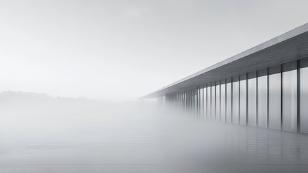A sleek modern architectural design enveloped in mist, showcasing minimalism and tranquility. The fog creates a serene atmosphere that enhances the reflection on the water.の素材