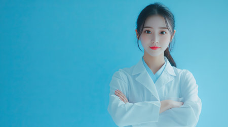 A confident young female scientist wearing a lab coat stands against a blue background. She embodies professionalism and determination in her field.の素材