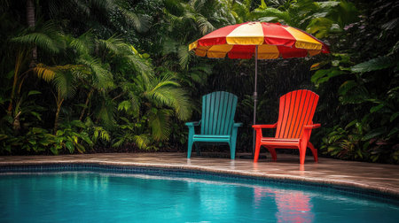 Vibrant chairs with a striped umbrella by a shimmering pool create a serene atmosphere amidst lush greenery, perfect for relaxation in nature.の素材