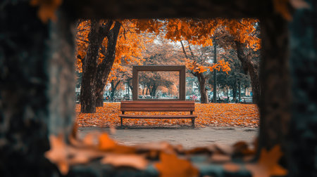 A serene autumn park scene featuring a wooden bench framed by vibrant orange leaves and trees, creating a peaceful and picturesque atmosphere.の素材
