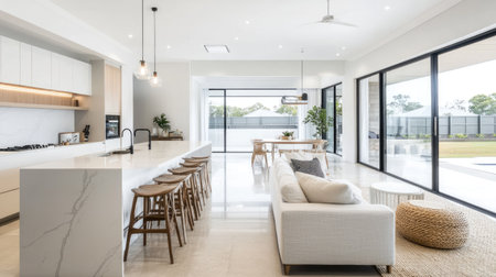 Experience a modern open-concept living area featuring bright aesthetics, natural light, and elegant furnishings, perfect for cozy gatherings and relaxation.の素材