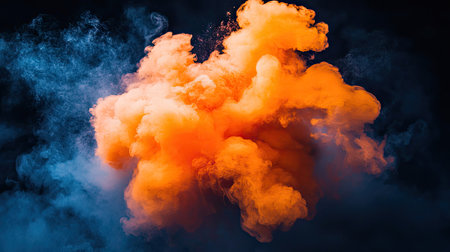 Stunning abstract image featuring vibrant orange smoke swirling against a deep black background, creating a dramatic and energetic visual impact. Perfect for creative projects.の素材