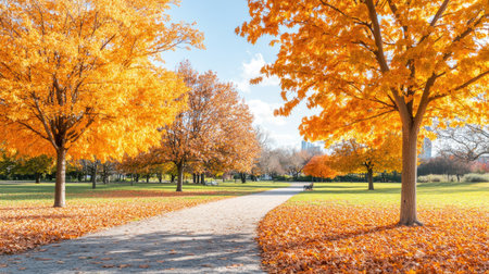 Experience a picturesque autumn scene with vibrant orange leaves lining a peaceful pathway in a tranquil park, inviting leisurely strolls under a clear blue sky.の素材