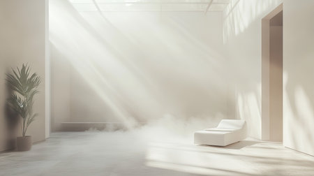 This serene minimalist interior features a soft-lit space with gentle mist, creating a calm and tranquil atmosphere. Ideal for design and relaxation themes.の素材