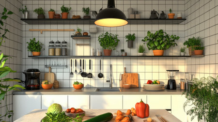 Bright and modern kitchen featuring green plants and fresh vegetables on the countertop, perfect for culinary enthusiasts and home chefs.の素材