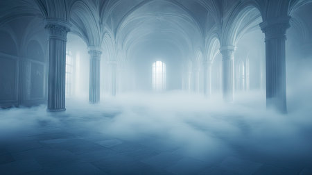 A serene ancient hall enveloped in soft fog and delicate light. Architectural columns rise gracefully, creating an ethereal atmosphere filled with mystery.の素材