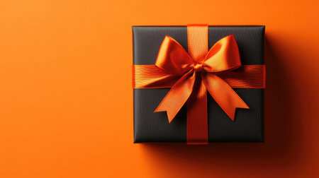 A beautifully wrapped black gift box adorned with a vibrant orange ribbon, perfect for celebrations, holidays, and special occasions. Ideal for festive presentations.の素材