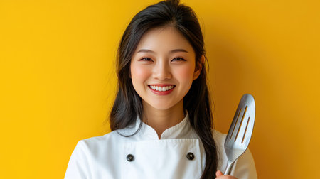 A joyful chef smiles while holding a spatula, set against a bright yellow background. This portrait captures the essence of culinary passion and creativity.の素材