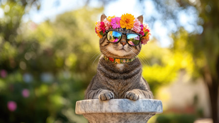 A trendy tabby cat with a flower crown and stylish sunglasses poses happily outdoors, showcasing a blend of charm and playful elegance in a vibrant setting.の素材