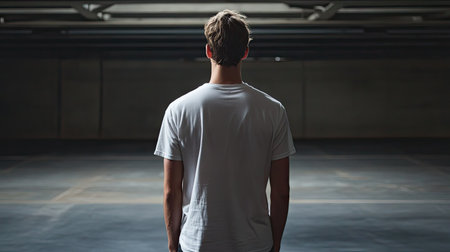 A man stands in a spacious, empty area, wearing a simple white shirt. The scene captures a moment of contemplation and solitude, surrounded by a harmonious blend of light and shadow.の素材